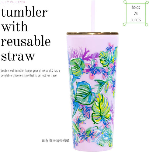 Lilly Pulitzer Double Wall Tumbler with Lid and Reusable Straw, Insulated Travel Cup Holds 24 Ounces, Mermaid in the Shade