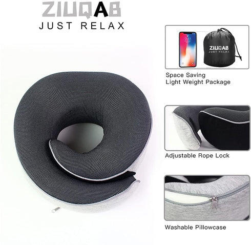 ZIUQAB Travel Pillow, Memory Foam Travel Neck Pillow with Velcro, 360-Degree Head Support with Storage Bag for Airplane, Car, Travel, Camping, Bus, Train