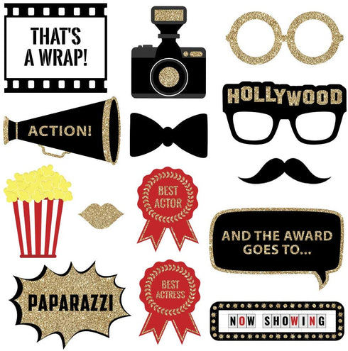 Fully Assembled Hollywood Photo Booth Props - Set of 30 - Black Gold Red Selfie Signs - Movie Night Themed Party Supplies & Decorations - Cute Oscars Designs with Real Glitter - Did we mention no DIY?