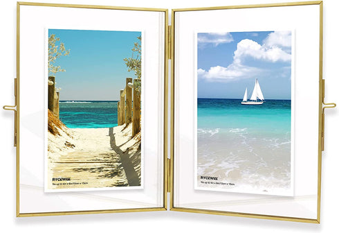 Double Floating Brass 4x6 Picture Frame Double 4x6 Folding Picture Frames,2 Opening Fold Photo Frame Gold Metal Pressed Classical Photo Frame,Wedding,Events Gifts