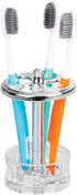 iDesign Alston Plastic Toothbrush Holder Stand for Bathroom, Vanity Countertops in Master, Guest, and Kids' Bathrooms, 3.25" x 3.25" x 5" - Clear and Chrome