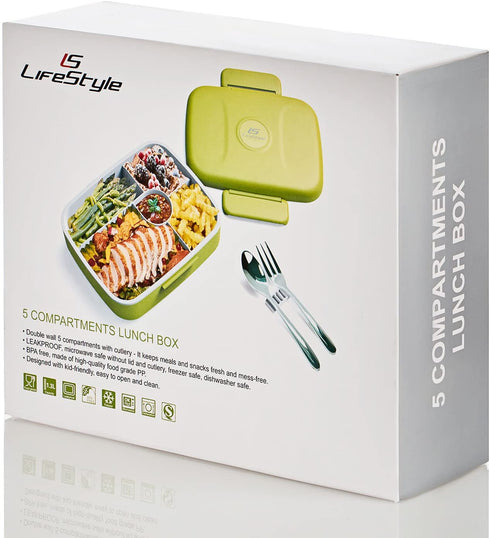 LS LifeStyle Bento Lunch Box 5 Compartments For Kids, Adults Leakproof, Microwave and Dishwasher Safe, BPA Free Container (Fork + Spoon included) (Green)
