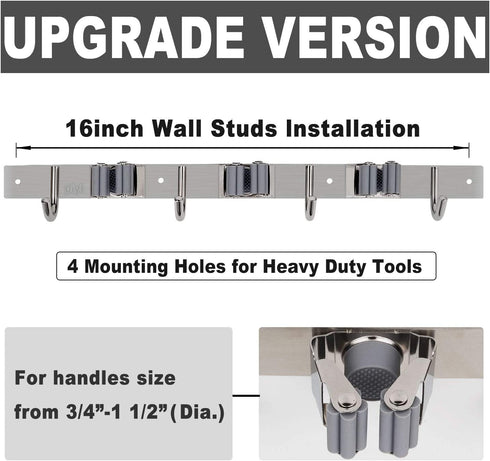 Mop Broom Holder Heavy Duty Hooks Hanger Wall Mount 17 Stainless Steel Organizer for Home Laundry Bathroom Kitchen Garage Garden Utility Tools Rack Storage Durable Piyl