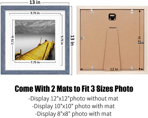 12x12 Picture Frames Wood Distressed Blue Display Pictures 10x10 or 8x8 with Mat or 12x12 without Mat - 12x12 Inch Square Photo Frames with 2 Mats for Wall or Tabletop Mount, 1 Pack