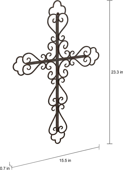 Lavish Home Handmade Short Flat White Mango Wood Vase Metal Cross Fleur De Lis Design-Rustic Handcrafted Religious Wall Art for Decor in Living Room, Bedroom, 15.5" x .7" x 23.3?, Black