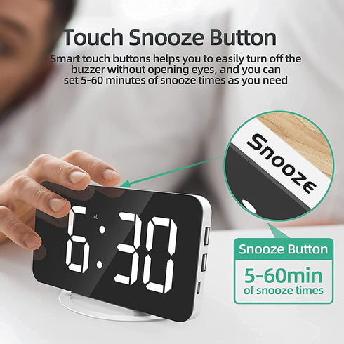 Digital Alarm Clock, 7" Large LED Mirror Electronic Clocks?Bedside Clock with Touch Snooze, Dual USB Charge, Auto Adjustable Brightness, Desk Wall Modern Clocks for Bedrooms Living Room Office(White)