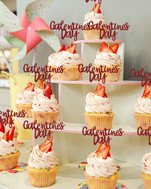 Galentines Day Cupcake Toppers Decorations, Red Glitter Happy Galentines Day Cupcake Toppers for Galentine's Day Decoration, Friends Galentines Party Decor, Valentines Day Party Decorations -24PCS