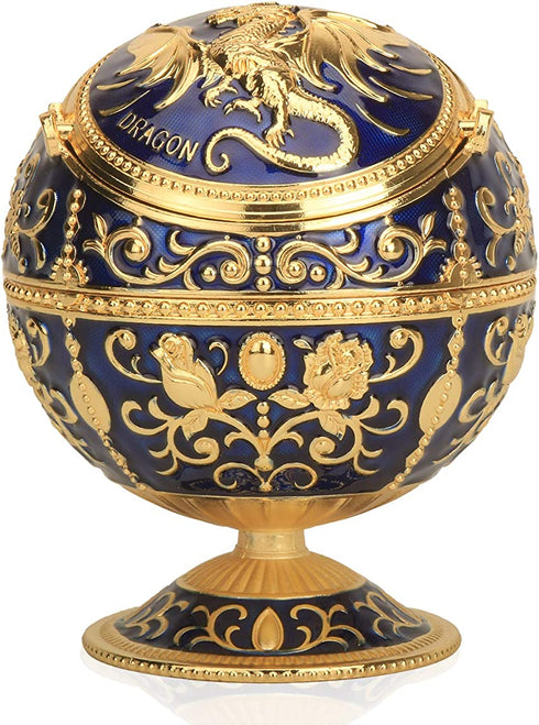 Pterosaur Windproof Ashtray with Flip Lid for Cigarette Metal Portable Smoking Tobacco Ashtray Indoor Outdoor, Handicrafts Rose Pattern Classy Gift for Women Men (Navy Blue-Golden)