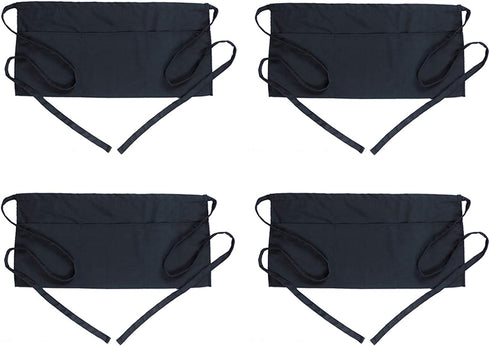 BOHARERS Waist Apron with 3 Pockets 4 Pack - Black Waitress Waiter Half Aprons Kitchen Restaurant for Women Men Server, 24 X 12 for Holding Server Book Guest Check Card Holder