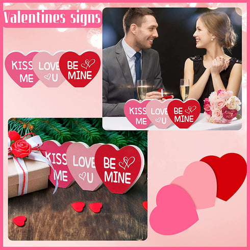 Valentine's Day Wood Sign Heart Shaped Wooden Sign Tabletop Centerpiece Decor Romantic Love Wooden Decor Freestanding Valentine's Day Table Decor for Valentine's Day Wedding, Red, Rose Red and Pink