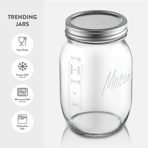 Wide-Mouth Glass Mason Jars, 32-Ounce (4-Pack) Glass Canning Jars with Silver Metal Airtight Lids and Bands with Chalkboard Labels, for Canning, Preserving, Meal Prep, Overnight Oats, Jam, Jelly,