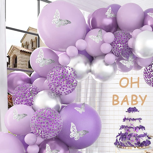 Pateeha Baby Shower Decorations for Girl 140 Pcs Purple Balloon Garland Kit Metallic Purple Silver Balloon Arch 12 Pcs Butterfly Stickers Confetti for Birthday Wedding Decorations