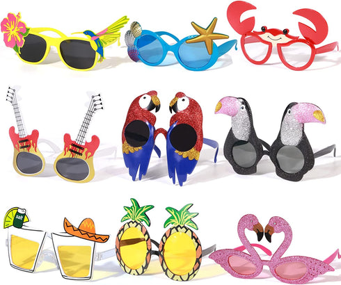 Golray 9 Pairs Luau Party Sunglasses for Adult Kids Hawaiian Tropical Birthday Party Favors Bulk Glasses with Flamingo Parrot Flip Crab, Summer Beach Pool Party Decoration Supplies Favors Props