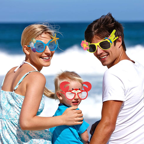 Golray 9 Pairs Luau Party Sunglasses for Adult Kids Hawaiian Tropical Birthday Party Favors Bulk Glasses with Flamingo Parrot Flip Crab, Summer Beach Pool Party Decoration Supplies Favors Props