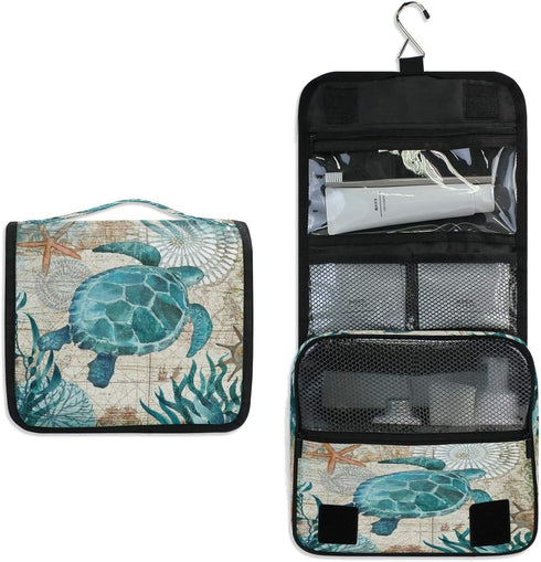 Sea Turtle Retro Map Hanging Toiletry Bag Ocean Nautical Makeup Bag Travel Cosmetic Bag Pouch Waterproof Accessories Organizer Large Portable Wash Gargle Bag for Women Girls Kids Gifts