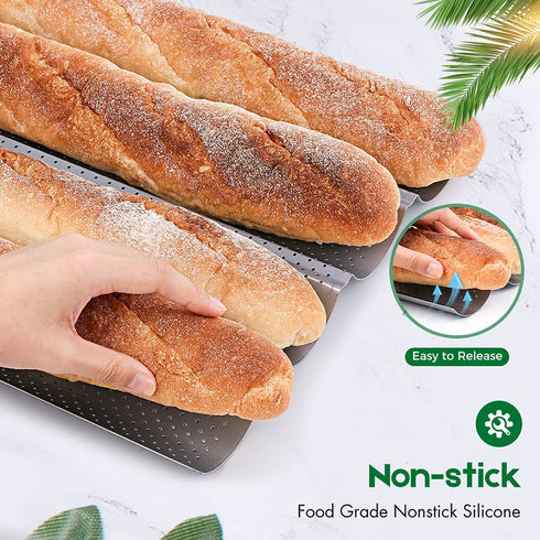 Amagabeli Baguette Pan 15" x 13" Commercial Carbon Stee Nonstick for French Baguette Baking Pan 4 Slots Bread Pans for Baking 4 Gutter Oven Toaster Pan Silver