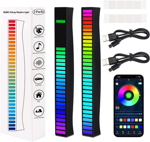 Rhythm Light Bar, RGB Sound Control Music Rhythm Lights, App Control 32 Bit Music Level LED Lights, USB & Battery Powered Voice Activated Atmosphere Light for Car Game Room Desktop DJ Studio (2 Packs)