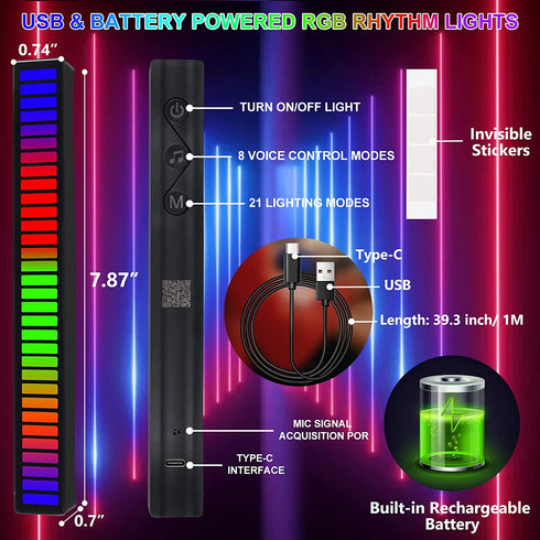 Rhythm Light Bar, RGB Sound Control Music Rhythm Lights, App Control 32 Bit Music Level LED Lights, USB & Battery Powered Voice Activated Atmosphere Light for Car Game Room Desktop DJ Studio (2 Packs)