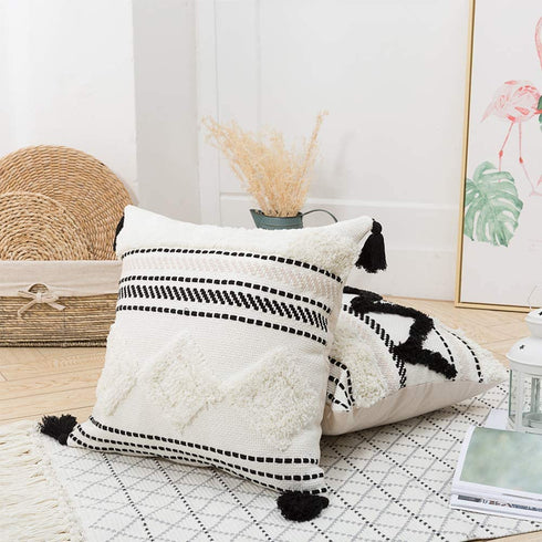 18x18 Pillow Covers Morocco Throw Pillows Cover for Couch Bed, Boho Tufted Square Decorative Pillow Covers, Farmhouse Neutral Throw Pillow Case with Tassels, Black Off White