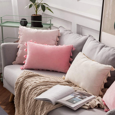 MIULEE Pack of 2 Velvet Soft Solid Decorative Throw Pillow Cover with Tassels Fringe Boho Accent Cushion Case for Couch Sofa Bed 20 x 20 Inch Cream White