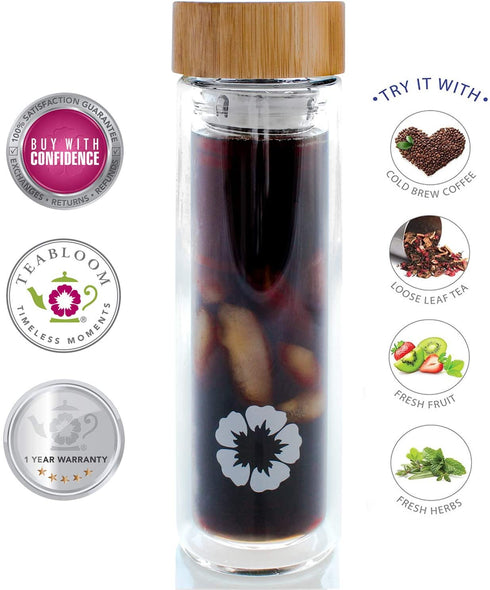 Teabloom All-Beverage Tumbler 15 oz / 450 ml Tempered Glass Travel Bottle Hot and Cold Tea Infuser Cold-Brew Coffee Fruit-Infused Water Tea Tumbler The Pathfinder