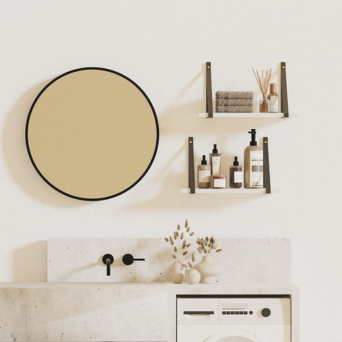 POTEY White Floating Shelves Wall PU Leather Strap for Bathroom Bedroom, Living Room, Kitchen, Set of 2 Solid Wood Hanging Plant Shelf Over Toilet, Modern Home Décor