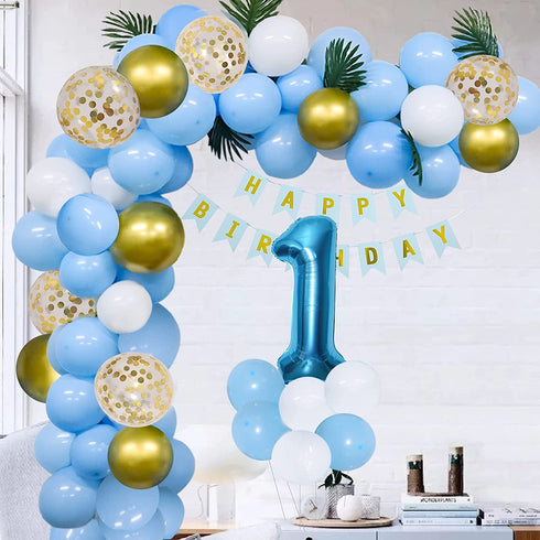 1st Birthday Party Decorations - Blue and Gold Macaron Balloons Arch Garland Kit - Air Pump, Aluminum Foil Paper No.1 Balloon, Gold Confetti Balloons, Gold Balloons, Pine Needles, Pull the Flag - Baby Birthday Decoration - Boy Or Girl