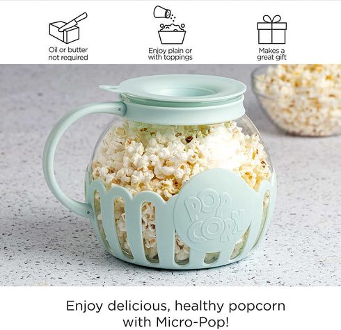 Ecolution Patented Microwave Micro-Pop Popcorn Popper, Borosilicate Glass, 3-in-1 Lid, Dishwasher Safe, BPA Free, 3 Quart Family Size, Aqua