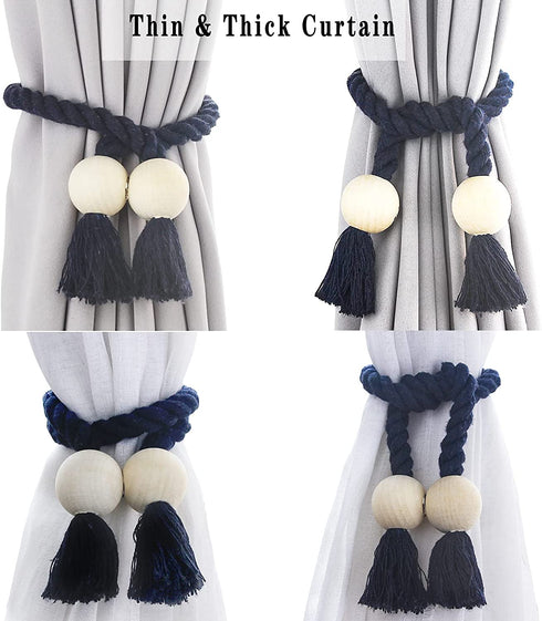 Porlau 4 Pack Navy Magnetic Curtain Tiebacks Cotton Hand Woven Tieback Holdback Decorative Tie Backs for Drapes with Durable Wooden Buckle No Tools Required