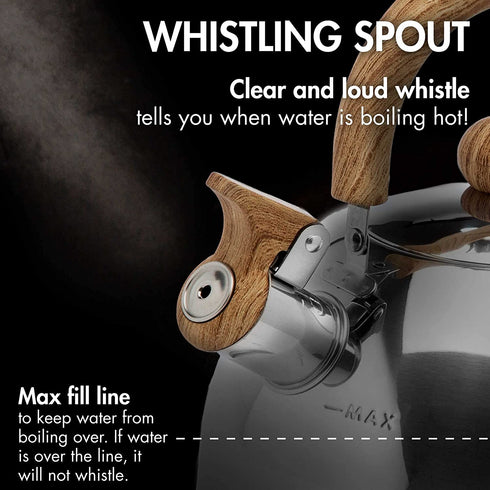 Primula Stewart Whistling Stovetop Tea Kettle Food Grade Stainless Steel, Hot Water Fast to Boil, Cool Touch Folding, 1.5 Qt, Polished Silver with Wood Handle