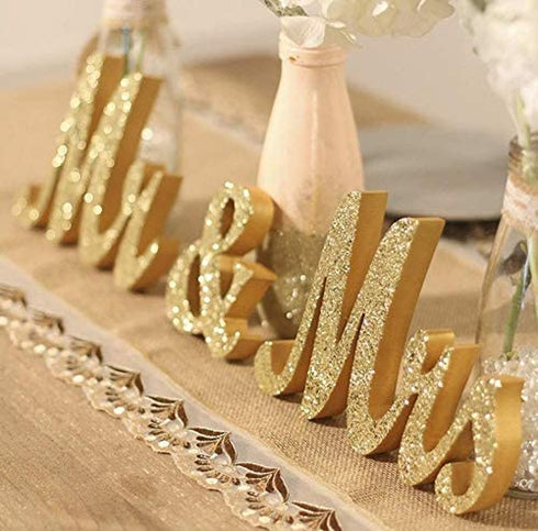 WANTMAZOR Mr and Mrs Signs Wedding Table Decorations, Wooden Freestanding Letters for Photo Props, Rustic Wedding Decoration, Anniversary Wedding Shower Gift (Golden) (Golden)