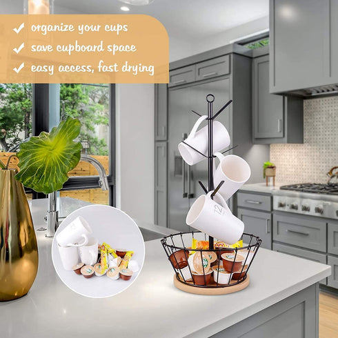 LadyRosian Coffee Cup Holder - Metal Tree Shape Multipurpose Mug Holder with 6 Hooks - Coffee Cup Stand for Counter with Bamboo Base and K Cup Holder Basket - Easy Install Home Storage Rack Holder