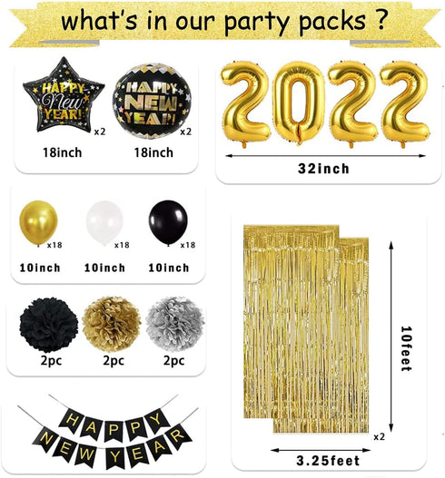 DUILE 72pc/set Happy New Year Decorations 2022 New Years Eve Party Decorations Supplies Include Paper Flower New Year Banner Balloons Curtains Foil Star Balloons for Happy New Year Party