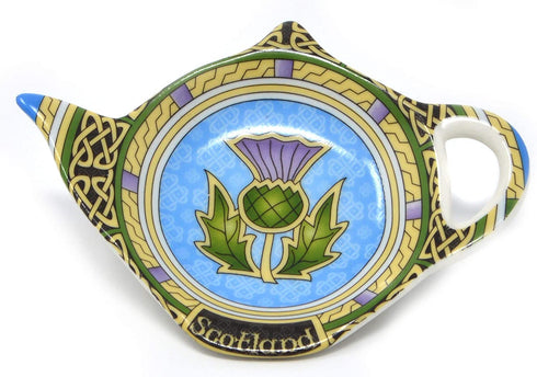 Scotland Teabag Holder with Thistle - Teapot Shaped Resting Caddy Saucer/Scottish Thistle TeaBag Saucer - Made of New Bone China Celtic Accessories Diameter 4"/10cm