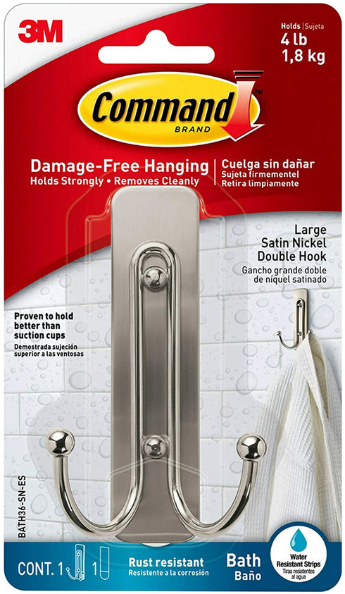 Command Large Double Bath Hook, Satin Nickel, 1-Hook, 1-Water-Resistant Strip, Organize Damage-Free