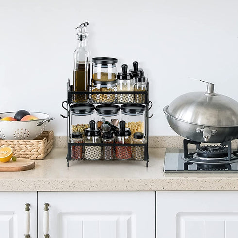 Homeweeks Spice Rack Kitchen Cabinet Organizer - 2 Tier Spice Organizer 5 Hooks Bathroom Organize Countertop Holder - Pantry Shelves Seasoning Storage Shelf Sink Rack for Kitchen (Black)