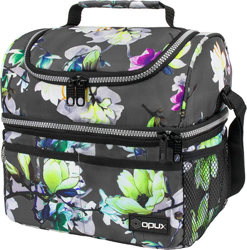opux Insulated Dual Compartment Lunch Bag for Women, Ladies | Double Deck Reusable Lunch Box Cooler with Shoulder Strap, Leakproof Liner | Medium Lunch Pail for School, Work, Office (Floral Grey)