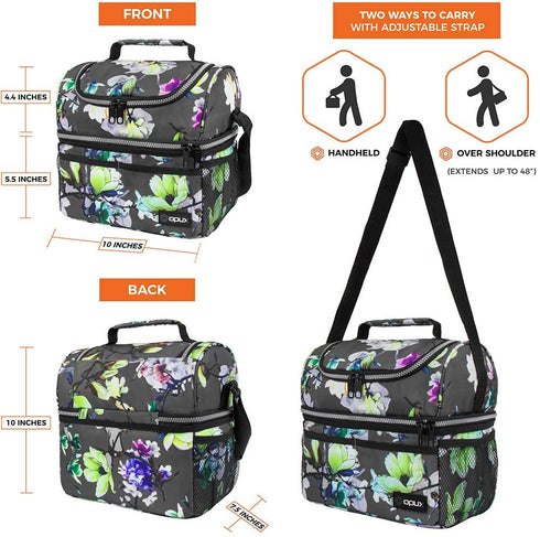 opux Insulated Dual Compartment Lunch Bag for Women, Ladies | Double Deck Reusable Lunch Box Cooler with Shoulder Strap, Leakproof Liner | Medium Lunch Pail for School, Work, Office (Floral Grey)
