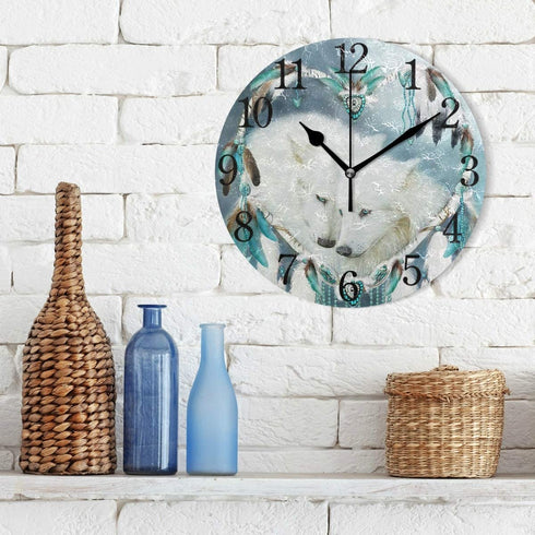 Dream Catcher Wolf Wall Clock Decorative Haning Clock Silent Non Ticking Time Clock for Living Room Kitchen Bedroom