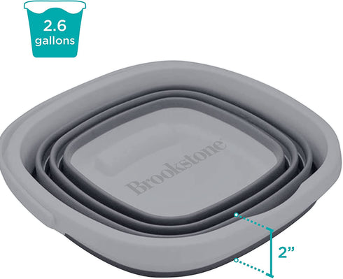 Brookstone, BKH1369, Slim Collapsible Bucket, 10 Liter (2.6 Gallons), for Car or Home Washing, Fishing, and Camping, with Smart Space Saving Deisgn, Square/Gray