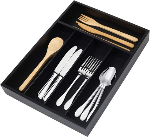 Silverware Utensil Tray Wooden Cutlery Drawer Dividers 5 Compartments Flatware Organizer Storage Holder Bamboo Flatware Organizer for Kitchen Office Supplies Cosmetics (Black)(Black)