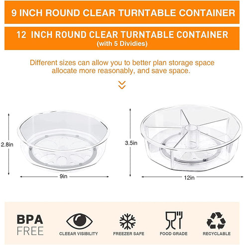 Lazy Susan Turntable Organizer, 12''&9'' 2 Pack Round Plastic Clear Storage Container with Removable Dividers for Kitchen, Cabinet, Pantry, Fridge- Spinning Organizer for Spices, Condiments