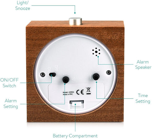 Navaris Wood Analog Alarm Clock - Square Battery-Operated Non-Ticking Clock with Snooze Button and Light - Dark Brown