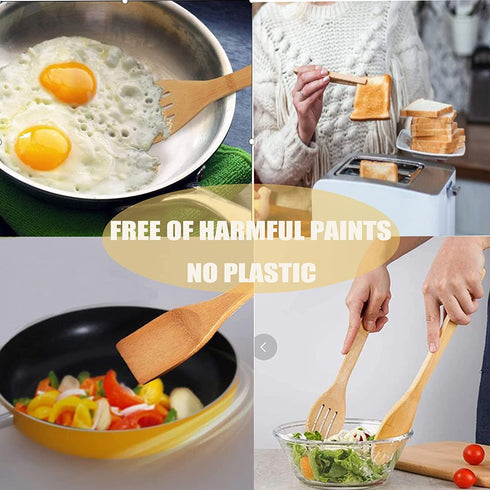 Wooden Spoons for Cooking Organic Bamboo Kitchen Utensils Set 8 Pcs Housewarming Gift New Apartment Essentials Slotted Serving Spoons Spatula Tong Tools for Nonstick Cookware with Holder