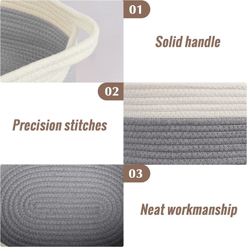 Cotton Rope Basket Small, IMQSQIK Rope Woven Storage Baskets with Handles, Oval 2 Pack, Light Gray White