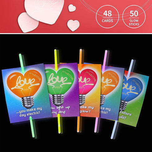 48PACK Valentines Day Gift Cards with 48 Glow Sticks for Kids, Glow in The Dark for Valentines Party Favors, Valentines Greeting Cards, Valentine Classroom Exchange Cards for Boys Girls.