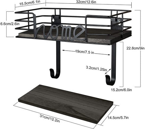 TJ.MOREE Ironing Board Hanger Wall Mount- Laundry Room Decor- Iron and Ironing Board Holder, Laundry Room Organization and Storage with Large Storage Black Wooden Base Basket and Removable Hooks