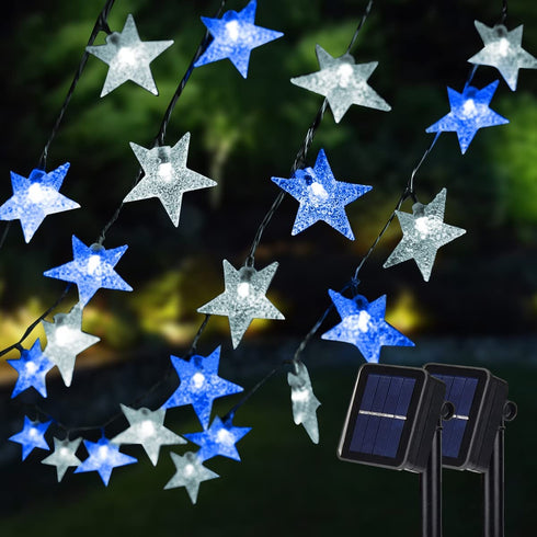 Dazzle Bright 2 Pack 100 LED Solar Star String Lights, 39 FT Outdoor Waterproof Fairy Lights, Wedding Decorations for Garden Yard Patio (White & Blue)