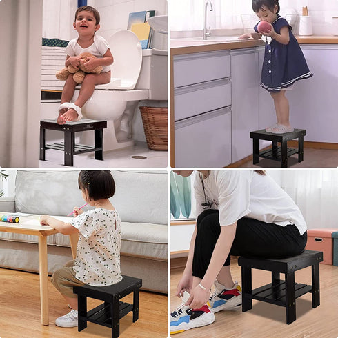 MASTLU Bamboo Step Stool Anti-Slip Lightweight Small Seat Stool with Storage Shelf Wooden Stool, Foot Rest Stool for Home, Bedroom, Bathroom Foot Rest Shaving Stool