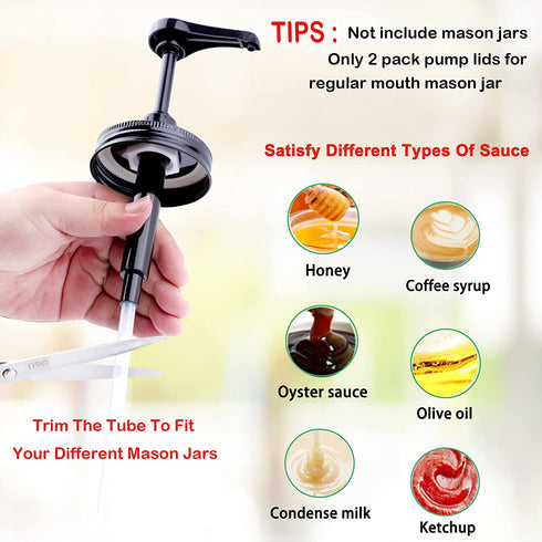Mason Jar Syrup & Honey Dispenser Pump Lids for Regular Mouth (2 Pack), Airtight & Leak-Proof Kitchen Food Grade Coffee Syrup dispenser Pump (Jar Not Included)